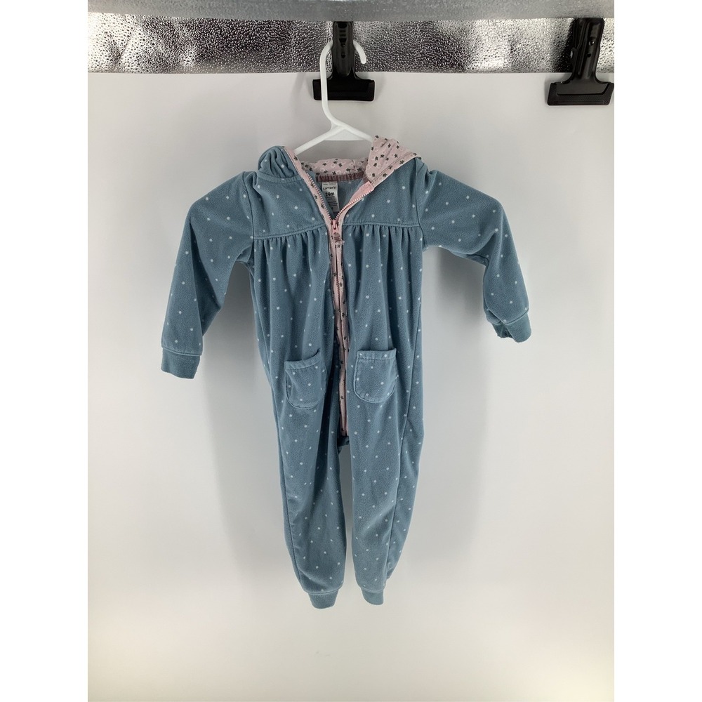 Carters Baby Girl Fleece Hooded Jumpsuit Blue Polka Dot Pink Cat 24M 1M790810